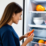 A professional adult, fully clothed in comfortable, modest home attire, gently opening a modern kitchen refrigerator. The refrigerator's brightly lit interior showcases neatly arranged, fresh fruits and vegetables like pre-cut carrot sticks and a bowl of berries, along with a clear water carafe, all prominently displayed at eye level. Less healthy snack items are discreetly stored in opaque containers or placed at the back, out of immediate sight. The background features a clean, inviting kitchen bathed in natural light. This image emphasizes the ease of making healthy choices through smart home organization. safe for work, appropriate content, fully clothed, modest clothing, perfect anatomy, correct proportions, natural pose, well-formed hands, proper finger count, natural body proportions, family-friendly, professional photography, high quality.