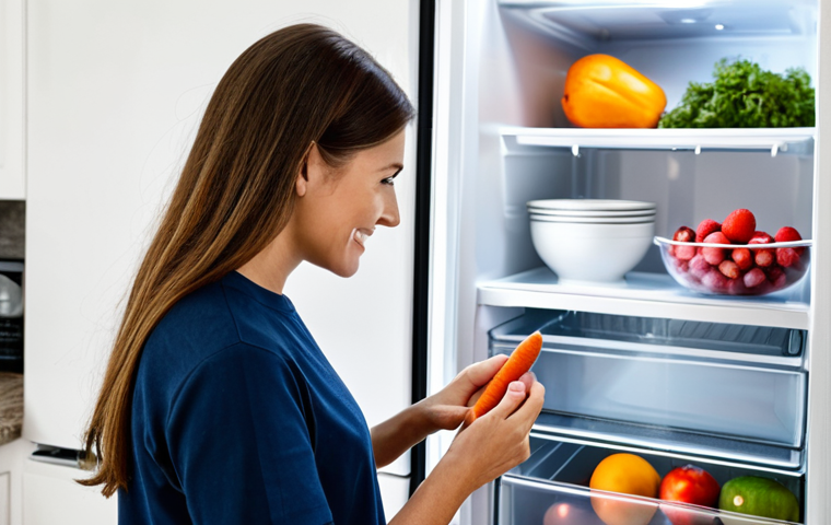 A professional adult, fully clothed in comfortable, modest home attire, gently opening a modern kitchen refrigerator. The refrigerator's brightly lit interior showcases neatly arranged, fresh fruits and vegetables like pre-cut carrot sticks and a bowl of berries, along with a clear water carafe, all prominently displayed at eye level. Less healthy snack items are discreetly stored in opaque containers or placed at the back, out of immediate sight. The background features a clean, inviting kitchen bathed in natural light. This image emphasizes the ease of making healthy choices through smart home organization. safe for work, appropriate content, fully clothed, modest clothing, perfect anatomy, correct proportions, natural pose, well-formed hands, proper finger count, natural body proportions, family-friendly, professional photography, high quality.