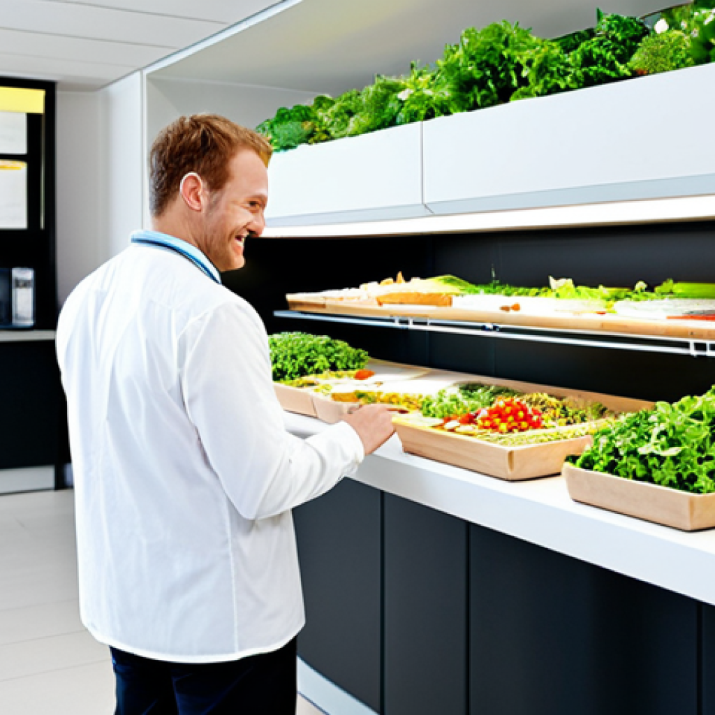 Nudging for Healthy Eating**
"A bright and modern office canteen in Germany. Employees are selecting lunch options. The healthier options (salads, fruits, whole grains) are placed at eye-level and are more attractively presented with appealing lighting and displays. Less healthy options are on lower shelves and less prominent. The overall atmosphere is clean and inviting. Employees are smiling and engaged in conversation. Fully clothed, appropriate attire, safe for work, professional environment, perfect anatomy, correct proportions, natural pose, high quality."
**