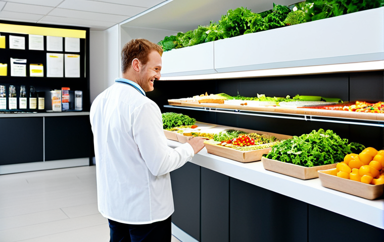 Nudging for Healthy Eating**
"A bright and modern office canteen in Germany. Employees are selecting lunch options. The healthier options (salads, fruits, whole grains) are placed at eye-level and are more attractively presented with appealing lighting and displays. Less healthy options are on lower shelves and less prominent. The overall atmosphere is clean and inviting. Employees are smiling and engaged in conversation. Fully clothed, appropriate attire, safe for work, professional environment, perfect anatomy, correct proportions, natural pose, high quality."
**