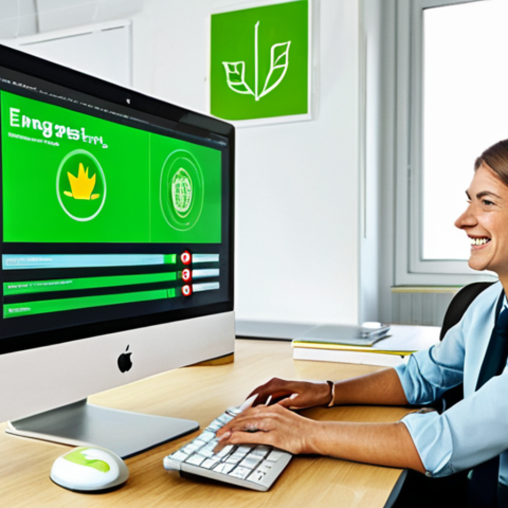 **Prompt:** A well-lit office setting in Germany, featuring an employee in professional attire clicking a large, green, inviting button labeled "Energiesparen". The computer screen displays a positive message about environmental contribution. Desk is tidy, and the overall scene conveys a sense of positive reinforcement. Fully clothed, appropriate content, safe for work, perfect anatomy, natural proportions, professional.