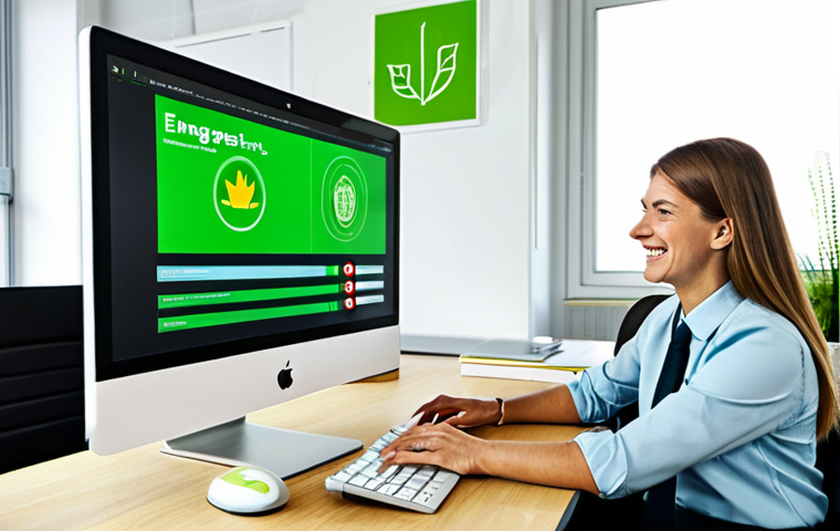**Prompt:** A well-lit office setting in Germany, featuring an employee in professional attire clicking a large, green, inviting button labeled "Energiesparen". The computer screen displays a positive message about environmental contribution. Desk is tidy, and the overall scene conveys a sense of positive reinforcement. Fully clothed, appropriate content, safe for work, perfect anatomy, natural proportions, professional.