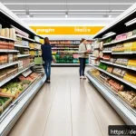 Home 22 행동 경제학에서의 넛지 개념 - A modern German supermarket aisle with well-organized shelves featuring healthy snacks prominently p...