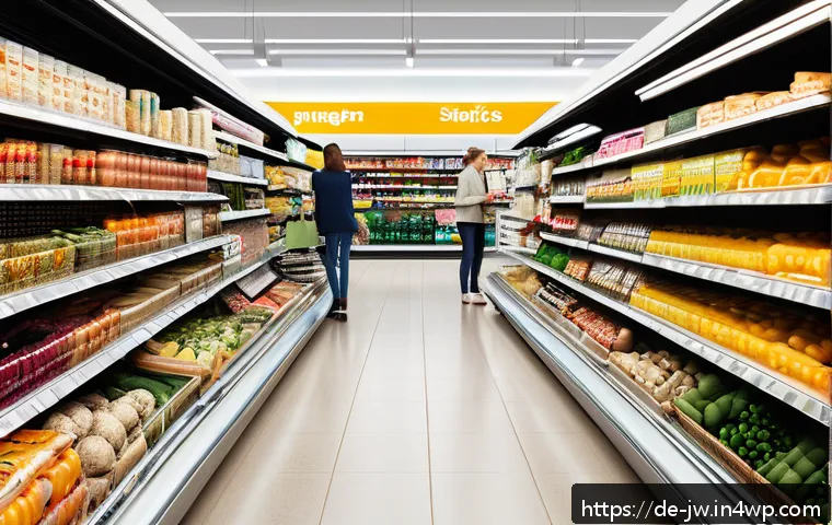 행동 경제학에서의 넛지 개념 - A modern German supermarket aisle with well-organized shelves featuring healthy snacks prominently p...