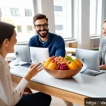 Home 19 넛지 기법을 활용한 건강 관리 프로그램 설계 - A modern office workspace featuring a wooden desk with a large, colorful fruit bowl prominently plac...
