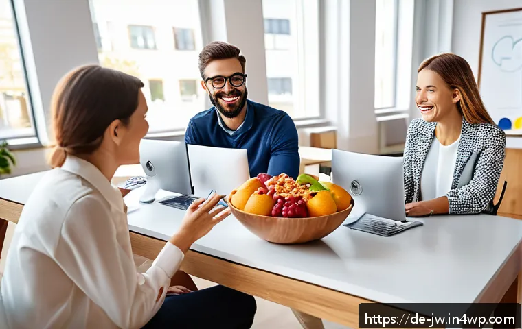 넛지 기법을 활용한 건강 관리 프로그램 설계 - A modern office workspace featuring a wooden desk with a large, colorful fruit bowl prominently plac...