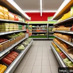Home 18 넛지 기법과 감정적 소비의 관계 - A modern German supermarket aisle with brightly colored red and yellow price tags prominently displa...