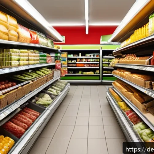 Home 30 넛지 기법과 감정적 소비의 관계 - A modern German supermarket aisle with brightly colored red and yellow price tags prominently displa...