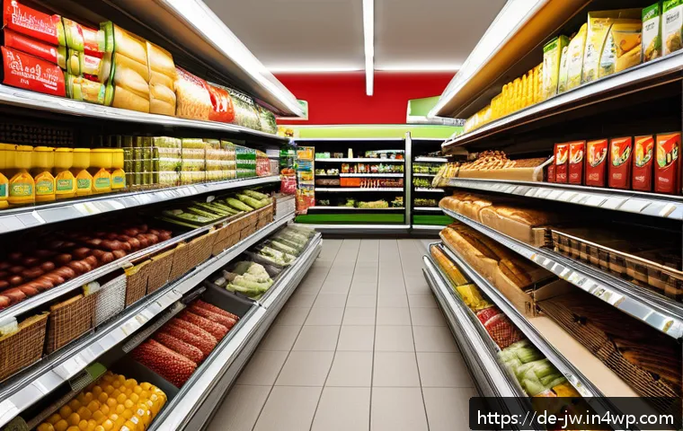 넛지 기법과 감정적 소비의 관계 - A modern German supermarket aisle with brightly colored red and yellow price tags prominently displa...