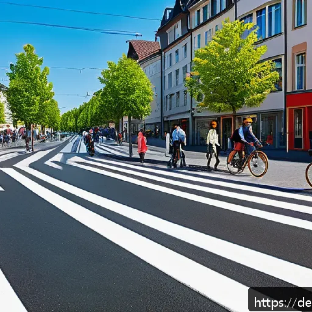 넛지를 활용한 공공 정책의 성공 사례 - A vibrant urban street scene in a German city featuring colorful road markings designed to improve t...