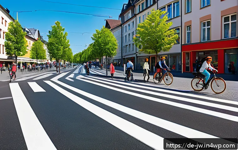 넛지를 활용한 공공 정책의 성공 사례 - A vibrant urban street scene in a German city featuring colorful road markings designed to improve t...