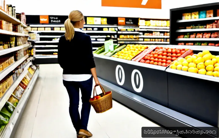 넛지 기법을 활용한 소비자 행동 변화 - Photorealistic German supermarket checkout scene, an adult shopper calmly choosing a basket of fresh...