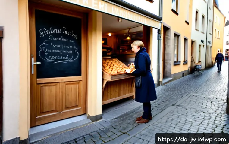 Home 17 넛지 기법을 통한 저비용 마케팅 전략 - Photorealistic small independent bakery in a German pedestrian street, a friendly shop owner subtly ...