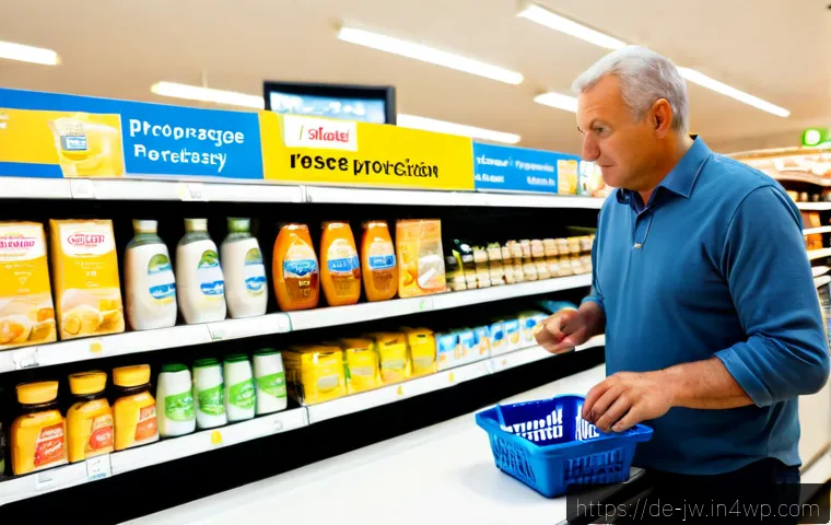 Home 17 넛지와 소비자 보호법의 관계 - Photorealistic German supermarket scene, a middle-aged consumer calmly choosing a clearly placed aff...